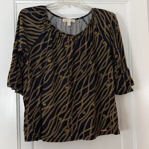 Michael Kors Navy & Gold Chain Print Top 1X | Plus Size | Scoop Neck | Trumpet